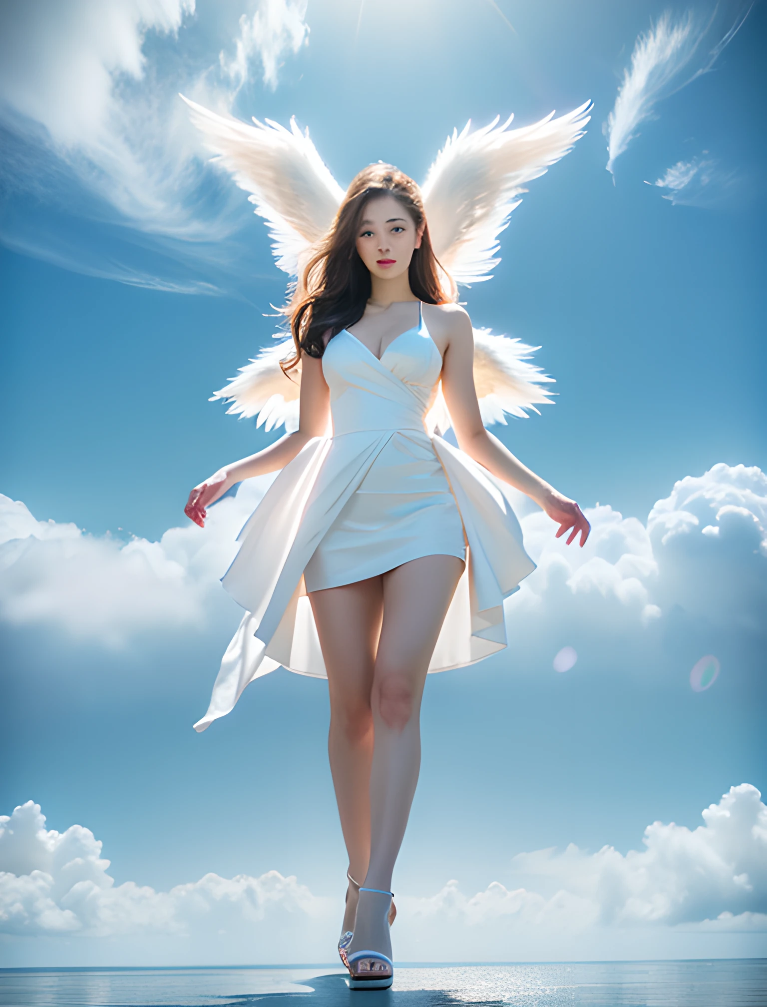 The  very detailed,dynamic,Cinematic,Amazing,Realistic lighting and shadows,vividness,A vibrant,8K,octaneratingrendering,The  very detailed,concept-art,actual,1个Giant ?????? Girl,angelicales,(Alone:1.6),Six-winged angel,Holy Angel,angelicales,symmetrical huge wings,Stand above the clouds,​​clouds,Clouds under your feet,Cloudy,(Milky skin, Glossy glossy skin:1.3),rainbowing,hairflower,(mostly cloudy sky,Skysky:1.4),long whitr hair,Blonde hair,hair adornments,nedium ???????,a skirt,exposed ???? shoulders,(tall_high-heels,full bodyesbian:1.2),A shot full of tension,(The sky glows red,visual shock,Give your poster a dynamic and visually compelling look:1.2),Chinese Zen style,impactful picture,White flowers,