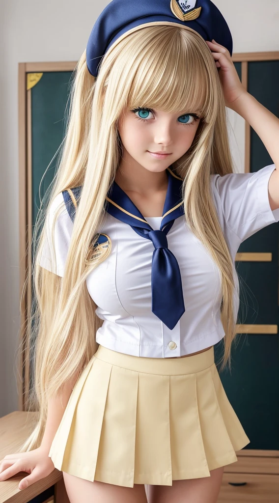 Beautiful *********** shy blonde girl in sailor uniform with mini skirt, beautiful green eyes, big tits, long blonde hair, at school, long thick bangs, ultra detailed hair, messy hair, the most beautiful face in the world, hair golden, flirting, looking at viewer, very cute, sexy, ******girl, French, bare shoulders, closed mouth.