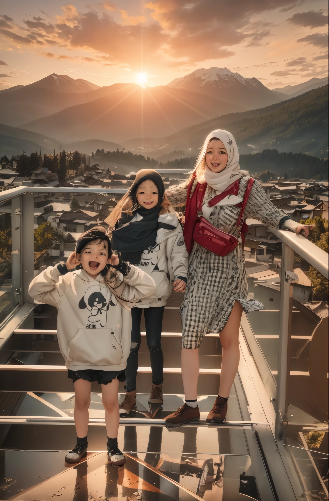 Detail face, Detail, realistic, 3D,8k,there are two women and a girl standing on a glass walkway, moutain in background, with mountains in the background, garis edelweiss, on rooftop, comming, connected with hanging bridge!!, ???, taken with sony alpha 9, in mountains, with mountains in background, happy family, scenary, during sunrise, with a kid, with village