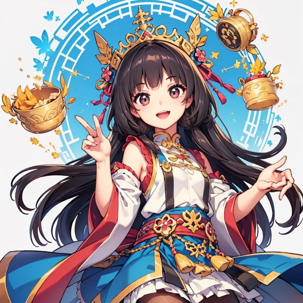 on a clean background,A girl with a happy smile on her face,Raise your hands flat,palms up,The left hand higher than the right hand,Holding a diamond in his left hand,The right hand holds a small Wenchang Pagoda。