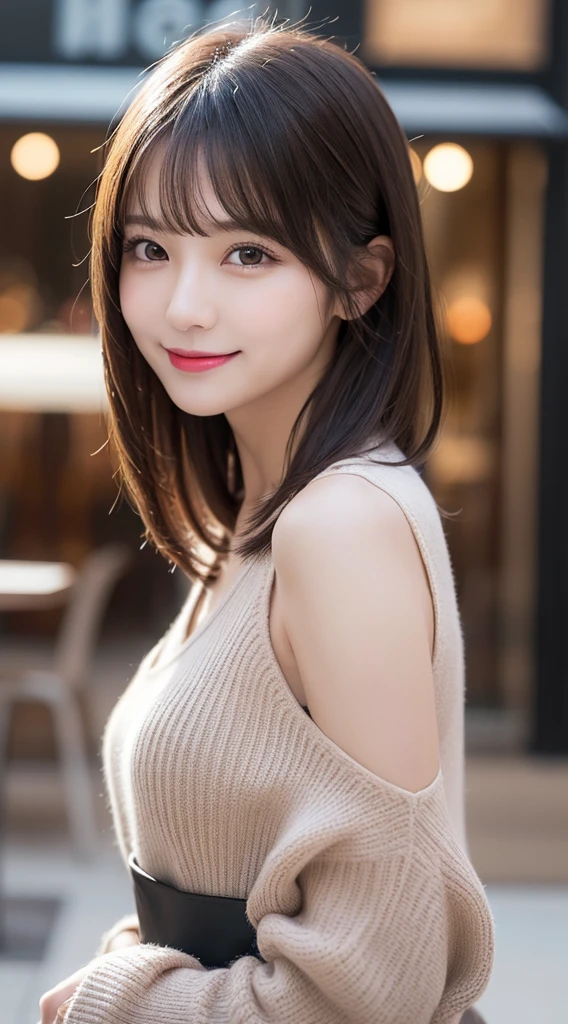 masutepiece, Best Quality, Illustration, Ultra-detailed、finely detail, hight resolution, 8K Wallpaper, Perfect dynamic composition, Beautiful detailed eyes, Women's Fashion Winter,Bob Hair, Natural Color Lip, Bold sexy poses,Smile,Harajuku、younggirl、Cute、Sexy shot looking at camera、cafes