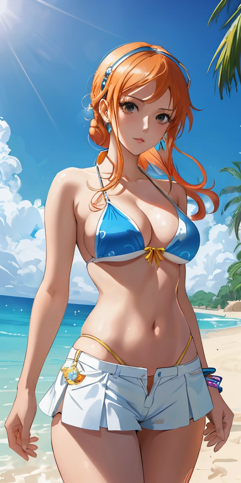 An arafe woman wearing a bikini top and super miniskirt and holding a sword, White shorts、nami one piece, beautiful portrait of nami,white panty、 Nami of one piece,Nami in super miniskirt, Detailed Digital Anime Art, Cute exirobat showing white pants, Very detailed ArtGerm haha, deviantart artstation cgscosiety, realistic bikini, Swimsuit, fanart best artstation, ArtGerm. high detailing