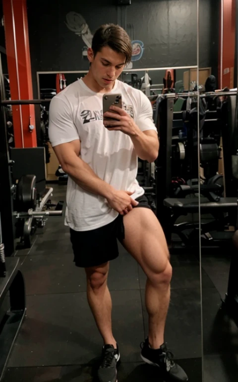 Man 27 years old muscular athletic body short hair beautiful face with sports shorts full body shaved large quads muscular definition well-marked veins on the arms in the gym doing biceps with Z bar