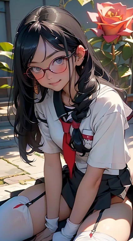 (Black Long Hair)、 (A detailed eye、二重まぶた、eye glasses、A slight smil、Open mouth and happy smile)、 (School Uniforms:1.3)、(tight mini pleated skirt:1.3)、(Skirt lift:1.3)、(Show white sexy panties:1.2)、(Black garter belt:1.3)、(Black thigh socks:1.3)、 ((Medium chest)) 、((Cameltoe:1.3)、Model body type、(Slim waist)、(zettai ryouiki:1.3))、Lots of flowers background (５Fingered hand、Highly detailed facial and skin texture)、 (Super close-up looking up from below:1.2)、Focus on the crotch、(sitting on:1.2))、((top-quality、8K,​masterpiece:1.3))、(Beautiful woman with perfect figure:1.4)、(Background of many blooming roses:1.3)