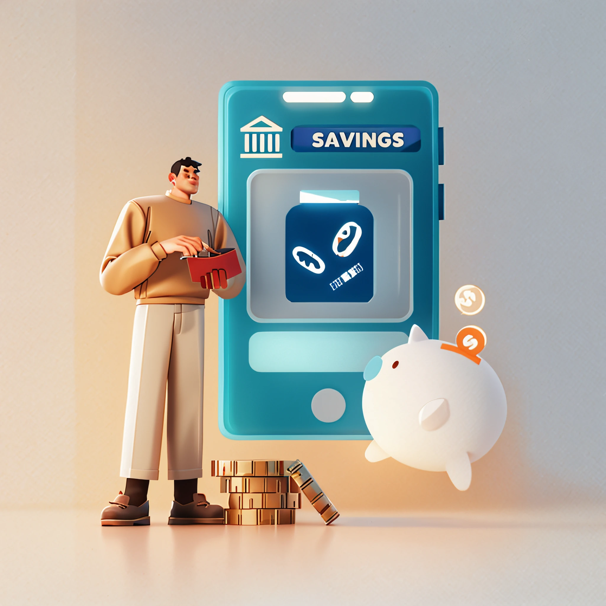 illustratio:A man stood by,savings logo on it, flatillustration, illustratio, and clean illustrations, 3d illustrations, Detailed 3D illustration, 3d illustrations, 3d illustrations, Stylized digital illustration, reduced minimal illustration, conceptual drawing, Digital 3D illustration, matte digital illustration, Commercial illustration