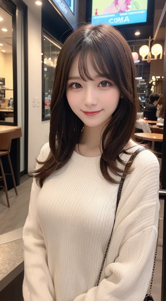 masutepiece, Best Quality, Illustration, Ultra-detailed、finely detail, hight resolution, 8K Wallpaper, Perfect dynamic composition, Beautiful detailed eyes, Women's Fashion Winter,Bob Hair, Natural Color Lip, Bold sexy poses,Smile,Harajuku、younggirl、Cute、Sexy shot looking at camera、cafes