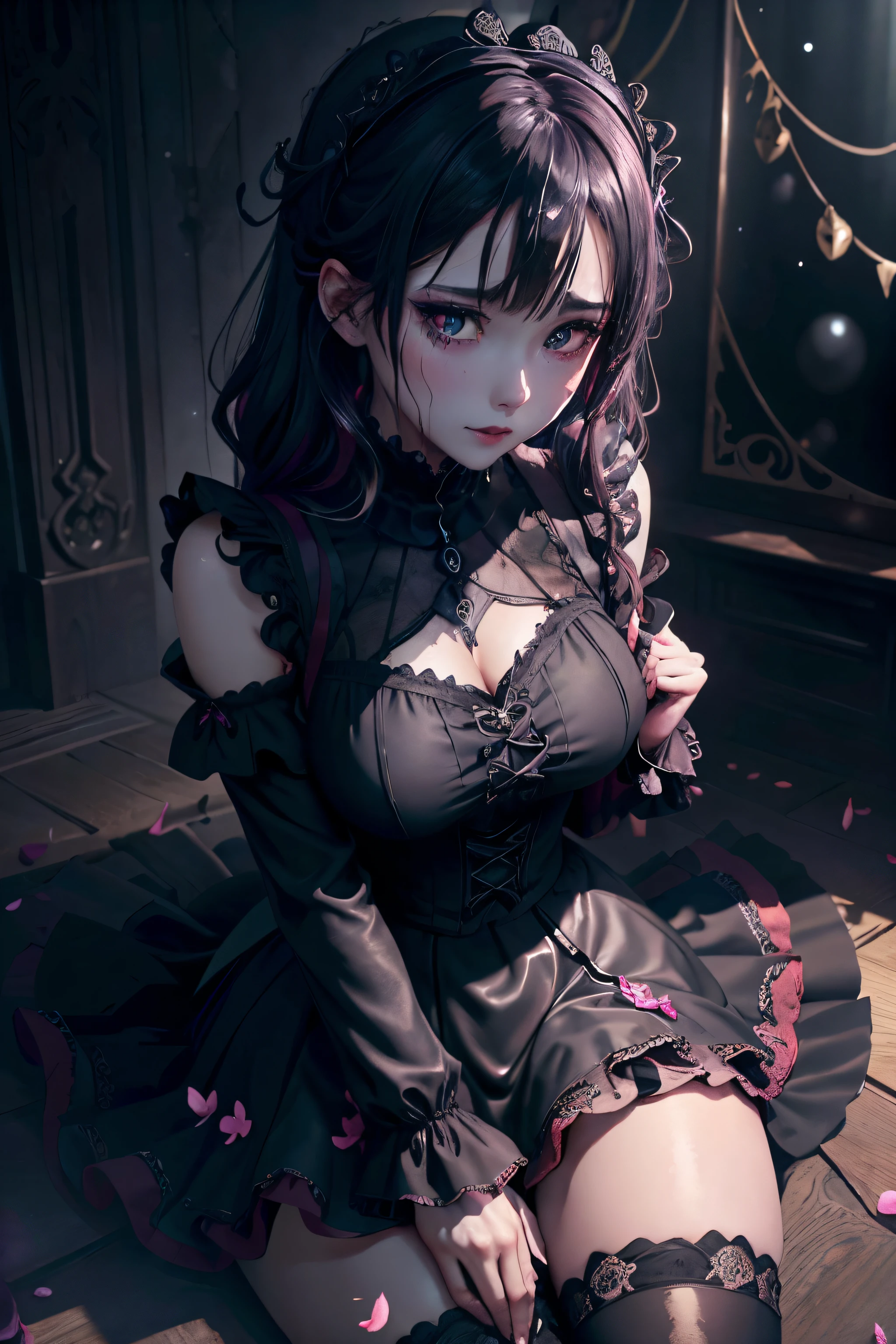 Hard Dark Gothic Makeup、Maniacal、Deep night sky、horor、Black Dark Eyeshadow、crying how bright、mourn、Good skin luster、Dark Gothic Makeup、Dark smile、Restless Palace、Expressions of sexual arousal、Fragrant beauty、22year old、Lying、seductiv、Strong sexual pleasure facial expressions、A look of shame、Dark Gothic、Gothic lolita、bell sleeves、Wizard Sleeve、Obscene look、Stained glass background、masutepiece、Best Quality、Refers to 5 books、Sweat glitters on my chest、Expression of sexual pleasure in anguish、Drunken face、maid clothes、Mysterious、noble、Face holding back the toilet、the body is wet and shiny、Transcendent sex appeal、Lots of glitter on the thighs、I'm sweating a lot、Affectionate smile、twin-tail hair、my thighs are so wet、jet black ruffle skirt、right blue eye, left eye is red、Gothic bed covered with roses、Transcendent Bewitching Pose、stick out buttocks、knee high socks、thigh-high socks、A lot of sweat and stickiness on the thighs、Plenty of plump, shiny thighs、Sweat shining generously on the thighs、The whole body is shiny with sweat、platform heel shoes、Quite sweaty、My thighs are sweaty、heavy make up、breast size modest、black lipstick、stain glass、black metal world、sloppily open your legs、Beautifying the world、sit on a bed of roses、Goth loli clothes、put your hair up、a little slender、pretty dark pink hair、Long hair straight hair、cute gothic lolita dress、美丽的面容、