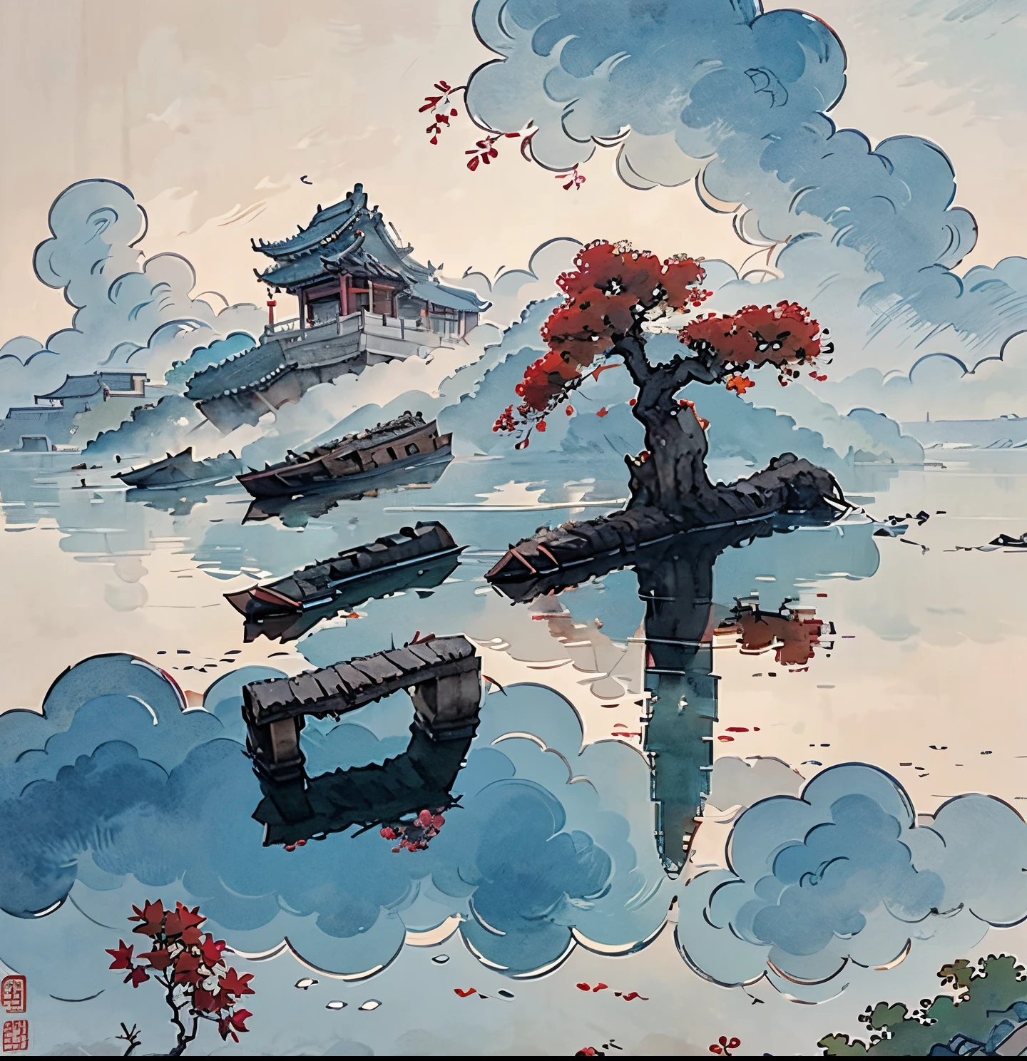 (Depth  of  field  effect)  (Chinese  ancient  architecture  group  on  isolated  island),  (Tower,  Building)  (Pavilion,  miscellaneous  trees,  Clouds,  green  trees,  maple  trees,  red  trees,  small  stones,  small  birds),  Chinese  watercolor  style,  (Chinese  painting  style),  Chinese  landscapes,  Traditional  Chinese  watercolor  paintings,  Chinese  paintings,  watercolor  8K,  (reflections),  clear  boundaries  between  light  and  shadow,  light  and  shadow,  light  and  shadow  effect,  masterpiece,  super  details,  epic  work,  ultra  high  definition,  high  quality,  very  detailed,  official  art,  unified  8K  wallpaper,  super  details，Contrast between light and dark.