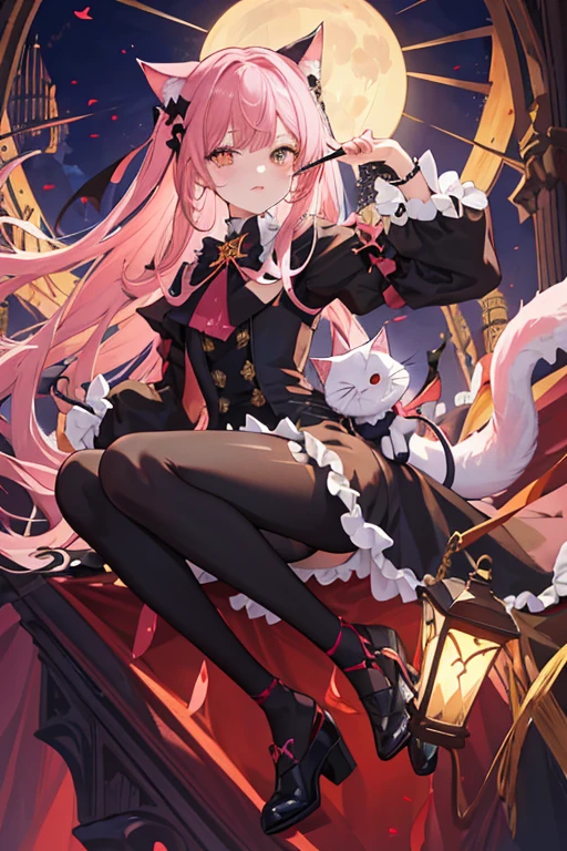 ((tmasterpiece:1.4,Best quality))++,(hyper-detailing)+,(Best quality,hyper-detailing,vibrant with colors,rich colourful,dynamic angle,hight contrast:1.2),A ,Height about 142cm,short,Dark loliributes,Has cat ears and a cat tail,dark pink rose(symbol),Long pale pink hair,Dark pink highlights,Tie the ends of hair,European clothing,Ethereal eyes,European dress(Dark pink)(Nero,blanche,Dark pink and gold lace, etc.)((Dark pink rose flower decoration)),playingcards(symbol),Princess dress,short- sleeved,No shoulderlack bow with gold lace and dark pink rose flower headdress plus a small golden crown(Inlaid with diamondlack lace bracelet,Holding a cat doll in hand(micro horror element theory,face expression,leslack lence black pantyhose,Booties。European,circus,playingcardagister,delicated face,exquisite facial featurerom below:0.5), Fashionab, with dynamism, garments, posing on a, frontage, rich colourful, dyna, Background with, element in, self-assured, Expressing the, statement, fittings, A majestic, coil, Runt, Scenes, Cover of a, boldness, attention-grabbing, Fashionab, typeface, Catchy, attention-grabbinodern day, Fashionab, focal, Fashionab,the night,themoon,stage,performance,A huge scene,lamplight