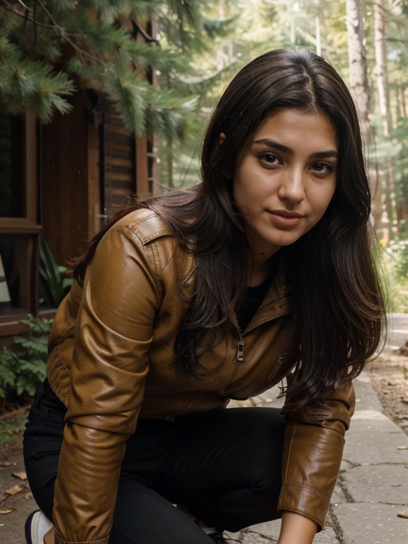 A girl, Named fatemeh, 25 years and 7 months and 21 days old/ mixture of Phoenician, Greek, Armenian, and Arab/brown eyes, brown hair ponytail/ , normal ((Phoenician lips, Greek Nose, Armenian cheek,Arab chin, neck)) /168 centimeters height, 60 kilograms weight,tanned body/ black pants, chubby, brown leather jacket , yellow pullover, white socks/ rainy day, winter, mountain, forest/ green moody/ looking to camerfect detailed face, detailed anathomy, detailed hands, detailed legs/ smile/extremely low angle shot, full body, ray tracing, HDR,Outdoor, Show entire body, feet in view, aerial view, ,