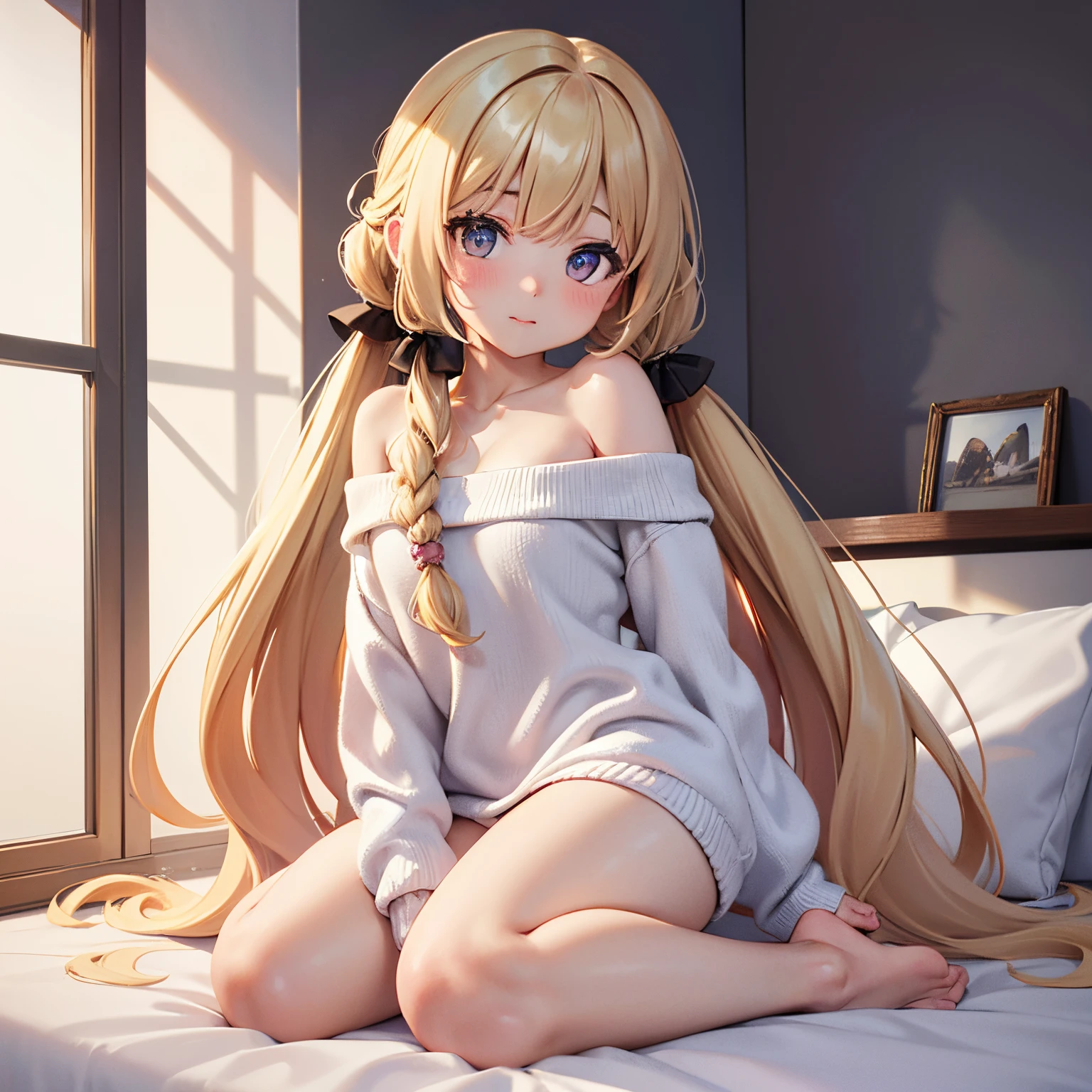nsfw,white pantry,masterpiece, best quality, {{{masterpiece,best quality,photorealistic background,beautiful illustration,extremely detailed}}},{},{1girl},{{beautiful detailed hair,extremely detailed CG hair,shiny hair,real hair,4k hair}},{extremely detailed eyes,beautiful eyes,beautiful and detailed eyes,highly detailed eyes ,Brown eyes},{kawaii face}{absurdly long hair, flipped hair, bangs, low twintails,curly hair blonde hair, hair blowing with the wind,half updo, blonde hair, long hair flowing with the wind,black scrunchie},{{{off shoulder sweater,baggy sweater,white sweater,long sweater,barefoot,no bottom,black pantry,black ribbon}}},{beautiful Background,detailed background,super detailed skin,intricate details, hyper detail, sharp detail,detailed, highres, intricate details}{happy},{teen},{solo focus},{perfect face},{{{{pink bed:1.9 ,pink,pink wallpaper,heart,}}}}{engrossment},{fashion photography},{dynamic angle}, [photo:illustration:1.6],{satisfied},{embarrassed}{{small breasts}}{{{{{bow pantry,}}}}}{{{pink bed,sit ing}}}