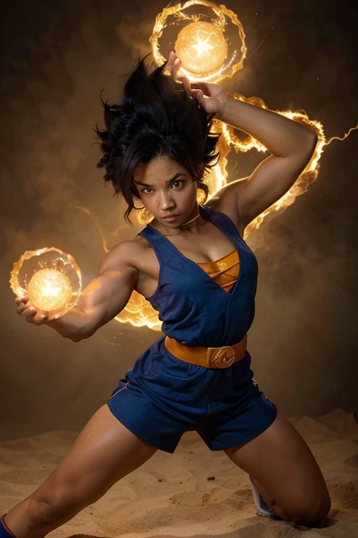 lady, lightskin beauty, model girl, kamehameha, kamehameha move, brown kid, hair till shoulder, hair up, hair like goku, dragon ball, goku, vegeta, anime, cartoon, black kid, young, big hair, Super Saiyan hair, hair like Super Saiyan 2, loading power, fighting stand, angry, normal hands, fighting pose, full body