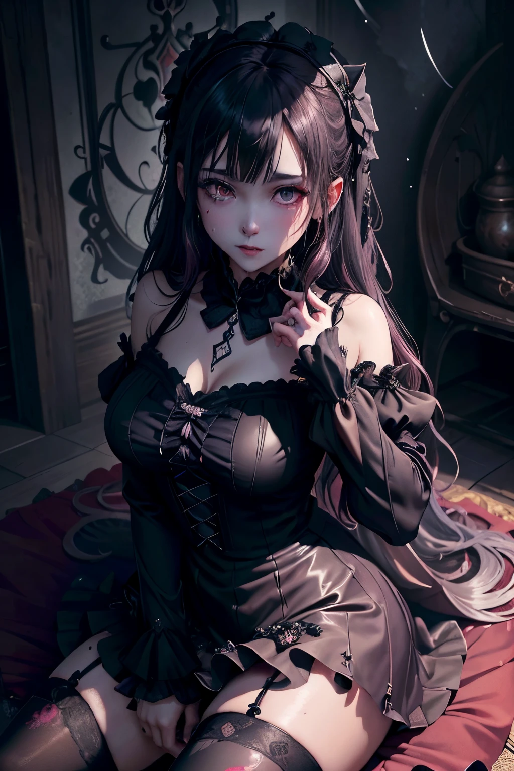 Hard Dark Gothic Makeup、Maniacal、Deep night sky、horor、Black Dark Eyeshadow、crying how bright、mourn、Good skin luster、Dark Gothic Makeup、Dark smile、Restless Palace、Expressions of sexual arousal、Fragrant beauty、22year old、Lying、seductiv、Strong sexual pleasure facial expressions、A look of shame、Dark Gothic、Gothic lolita、bell sleeves、Wizard Sleeve、Obscene look、Stained glass background、masutepiece、Best Quality、Refers to 5 books、Sweat glitters on my chest、Expression of sexual pleasure in anguish、Drunken face、maid clothes、Mysterious、noble、Face holding back the toilet、the body is wet and shiny、Transcendent sex appeal、Lots of glitter on the thighs、I'm sweating a lot、Affectionate smile、twin-tail hair、my thighs are so wet、jet black ruffle skirt、blue eye on the right, Red eye on the left、Gothic bed covered with roses、Transcendent Bewitching Pose、stick out buttocks、knee high socks、thigh-high socks、A lot of sweat and stickiness on the thighs、Lots of sticky shiny thighs、Sweat shining generously on the thighs、The whole body is shiny with sweat、platform heel shoes、Quite sweaty、My thighs are sweaty、heavy make up、Breast size is modest、black lipstick、stain glass、black metal world、sloppily open your legs、Beauty the world、sit on a bed of roses、Goth loli clothes、put your hair up、A little slender、pretty dark pink hair、Long hair straight hair、cute gothic lolita dress、美丽的面容、Elegant face、