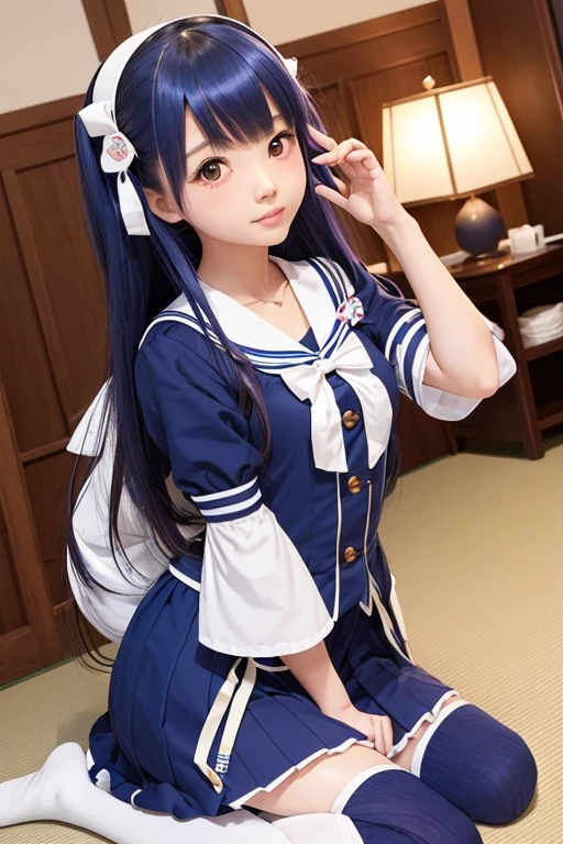 Japanese girl with very long blue hair,Dressed in a sailor's uniform, Araffe poses for a photo., belle delphine, chiho, The style of the magical , Rei Hiroe, Beautiful Angels, Photograph, Portrait of a magical Lolita girl anime girl , magic uniform, sakimi chan, shikamimi, narumi kakinouchi, shiori teshirogi, Lolita Style