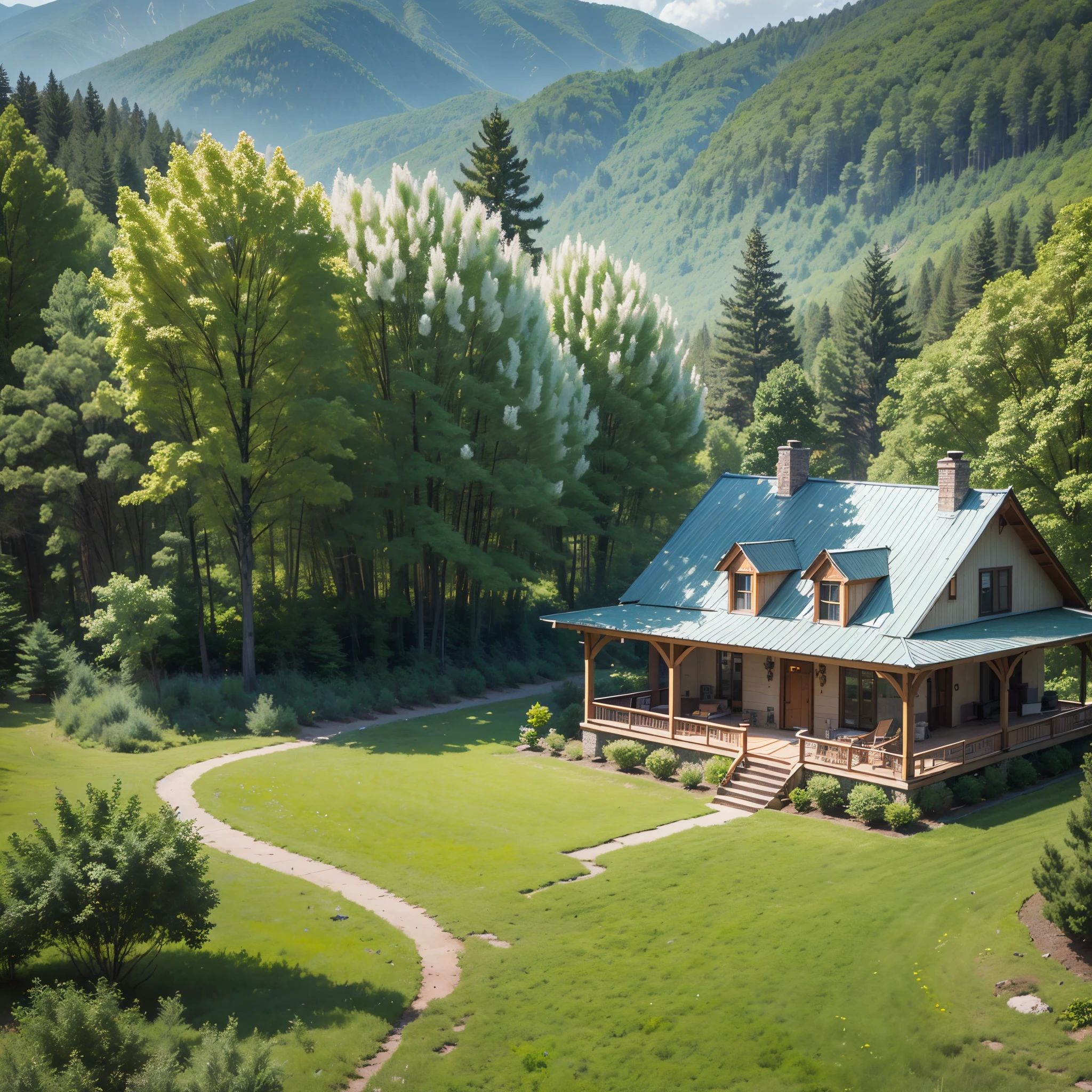 a spring scenery in the mountains of the eastern United States. An independent villa surrounded by forests Some trees have lush branches and leaves, and some have just sprouted high quality --auto --s2