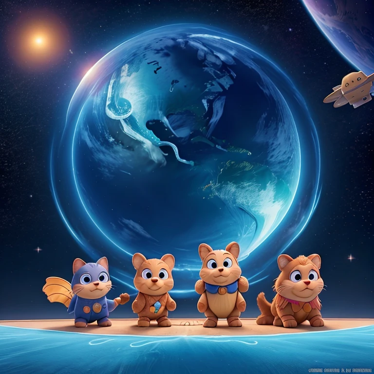 A Disney Pixar movie poster of space with the plnets showing whole and the background full showed.not a close shot .3D image.