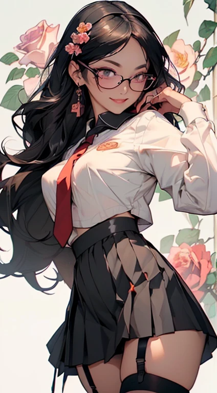 (tmasterpiece、best qualtiy、ighly detailed、illustratio、超A high resolution)、((Background with many colorful flowers blooming:1.5)、(Highly detailed flower field background))、(One Beautiful Girl、Long Black Hair、extra detailed face、extremely detailed eye、二重まぶた、sexy facial expression、Open mouth and smile happily、embarrassed from、(Pink glasses)、Thick lip)、((White formal shirt:1.3)、red pink short tie、(Pull up your tight black pleated skirt:1.3)、(red pink sexy panties:1.4)、Cameltoe、(Black garter belt:1.3)、(Black stockings:1.3)、zettai ryouiki)、(Huge breasts、short waist、wide-hips、thick thight、Plump)、posterior view、(taken from the under:1.5)、ultra close up、Lift your skirt with both hands、NSFW、Scale to fit image