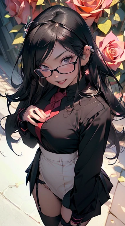 (Black Long Hair)、 (A detailed eye、二重まぶた、eye glasses、A slight smil、Open mouth and happy smile)、 (School Uniforms:1.3)、(tight mini pleated skirt:1.3)、(Skirt lift:1.3)、(Show white sexy panties:1.2)、(Black garter belt:1.3)、(Black thigh socks:1.3)、 ((Medium chest)) 、((Cameltoe:1.3)、Model body type、(Slim waist)、(zettai ryouiki:1.3))、Lots of flowers background (5Fingered hand、Highly detailed facial and skin texture)、 (Super close-up from above:1.2)、Focus on the crotch、(sprawl:1.2))、((top-quality、8K,masterpiece:1.3))、(Beautiful woman with perfect figure:1.4)、(Background of many blooming roses:1.3)