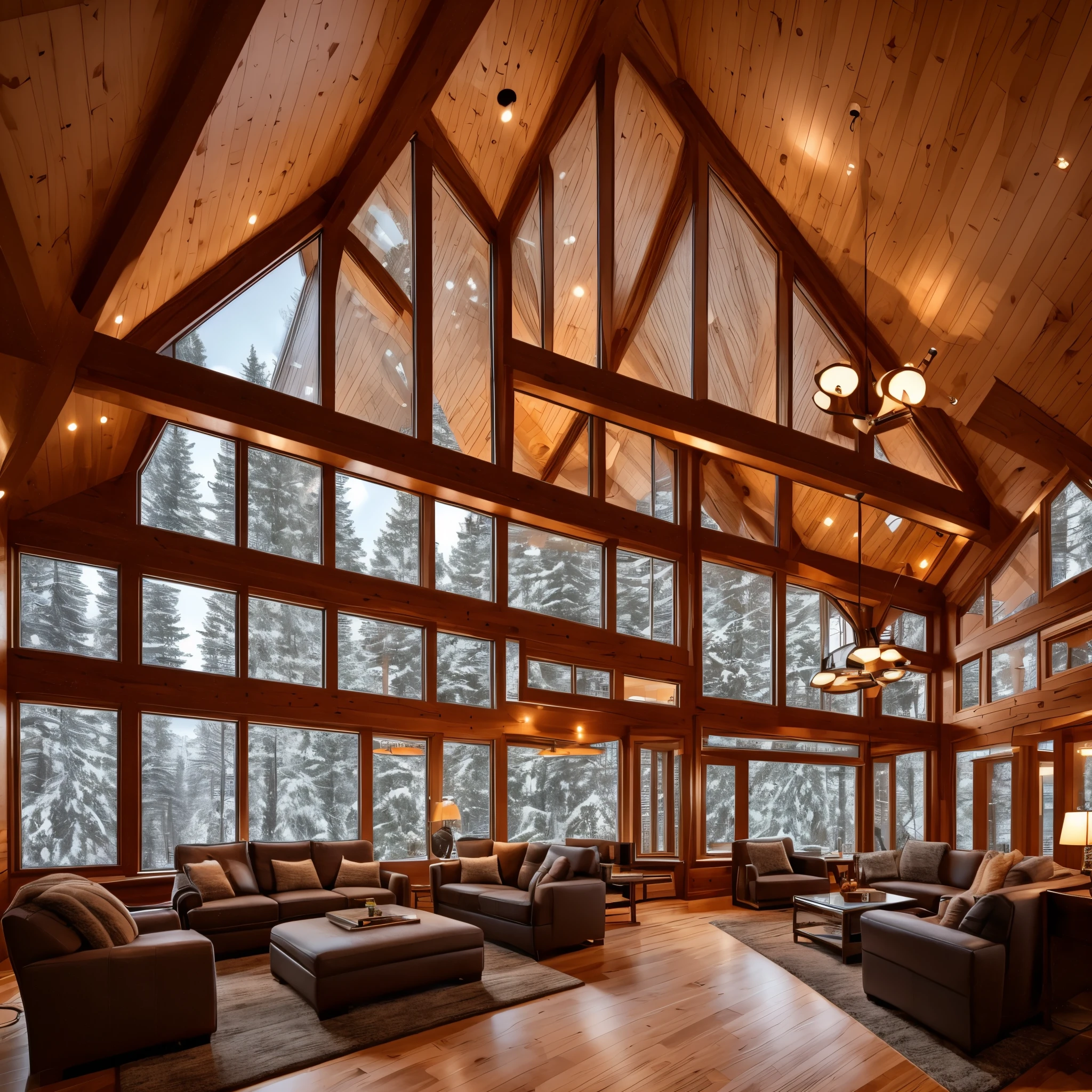 A double-height ceiling living room with a large, floor-to-ceiling window on one side log cabin. Outside a dark snow-covered landscape. The living area furnished with plush, contemporary sofas and chairs in neutral tones, grouped around a low, central coffee table. The room's color palette composed of dark brown and warm tones, with the soft lighting from various lamps adding a cozy ambiance.