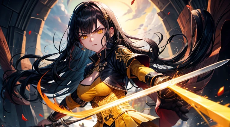 angry swordsman, black hair, yellow eyes, girl, adult