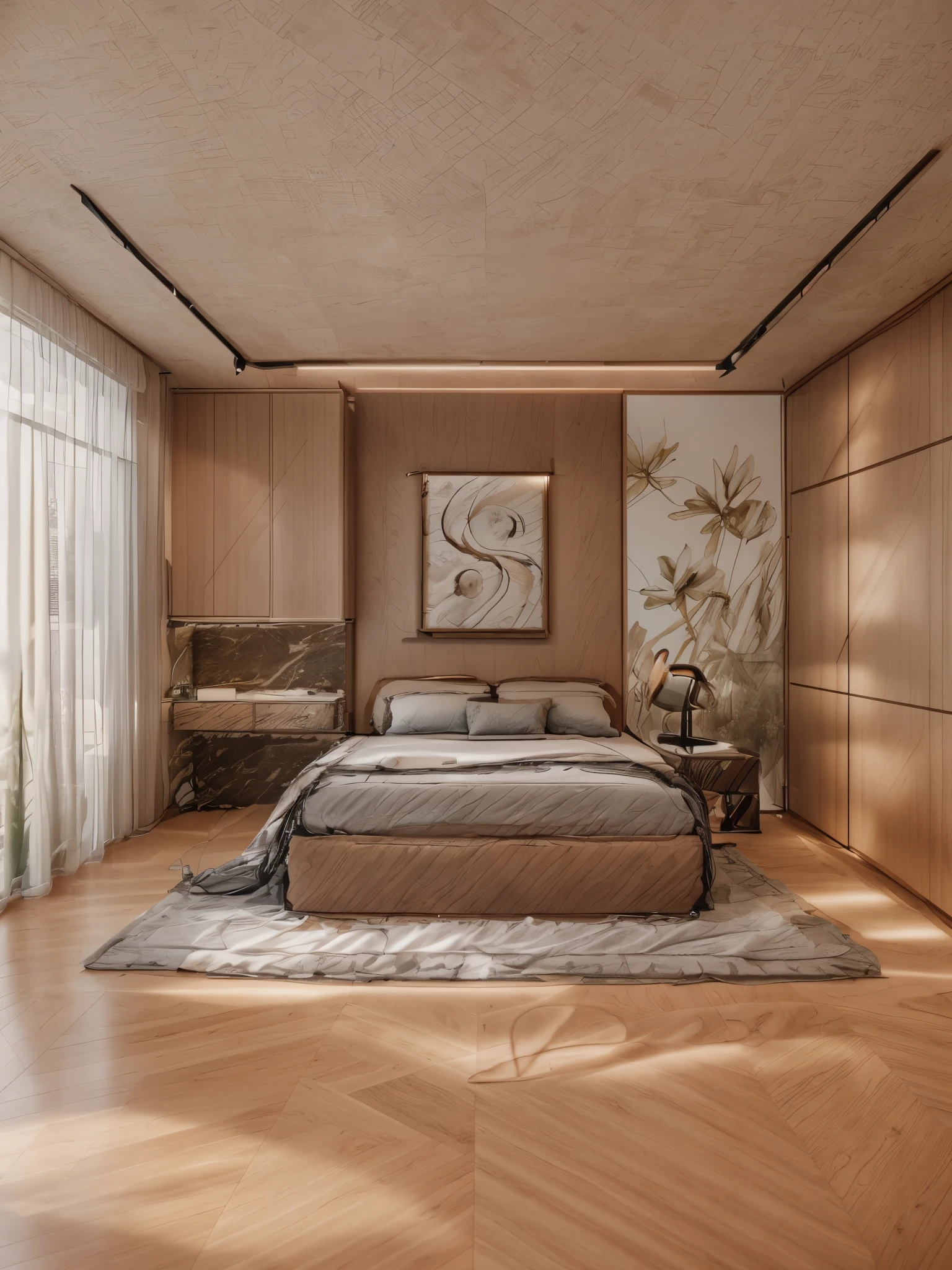 Modern bedroom, 1 ceiling-closed cabinet, 1 classic table, 1 painting behind the headboard, 1 small table, 1 bedside lamp, 1 painting behind the nightlight, 1 ceiling-mounted wardrobe, 1 glass door, 1 curtain, Flat ceiling with recessed lights,Máyảnh DSLR Canon EOS 5D Mark IV, f/ 6, ISO 100, 1/ seconds, uhd, 8k, Natural soft light of course, best quality, Super high resolution, sharp focus"