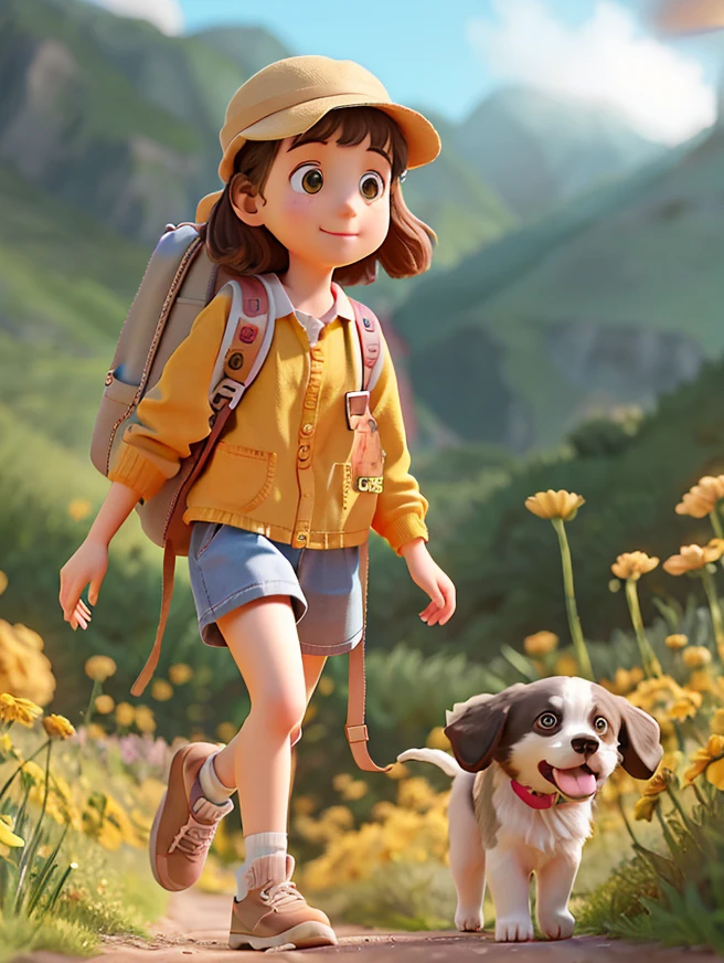 A very charming  girl with a backpack and her cute border collie puppy enjoying a lovely spring outing surrounded by beautiful yellow flowers and nature. The illustration  a high-definition illustration in 4K resolution with highly detailed facial features and cartoon-style visuals.