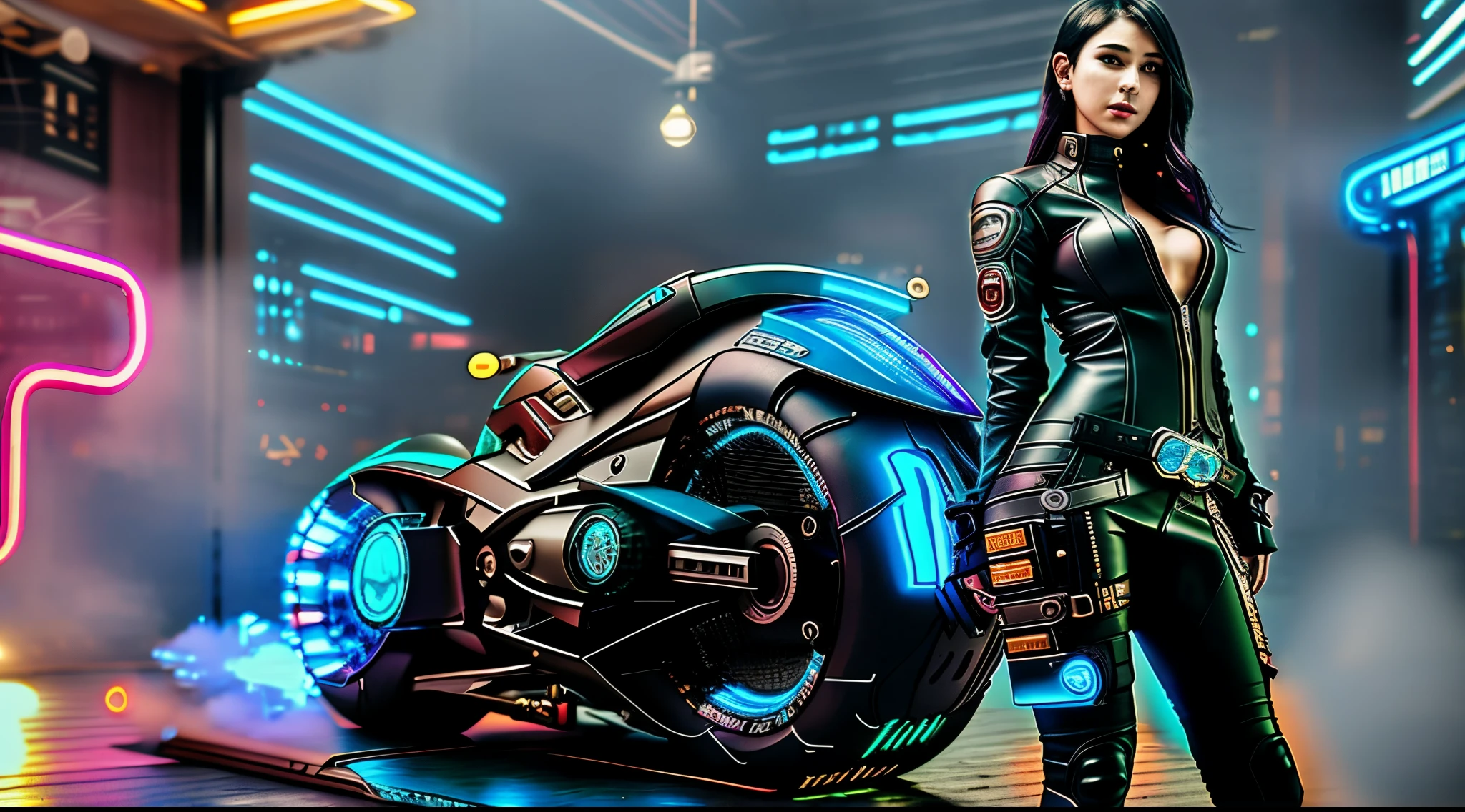 there  a woman in a leather outfit standing next to a motorcycle, sitting on cyberpunk motorbike, cyberpunk 2 0 y. o model girl, female cyberpunk anime girl, female cyberpunk, seductive cyberpunk dark fantasy, cyberpunk angry gorgeous goddess, riding a futuristic motorcycle, cyberpunk women, cyberpunk beautiful girl, beautiful cyberpunk woman model, cyberpunk photo, modern cyberpunk anime