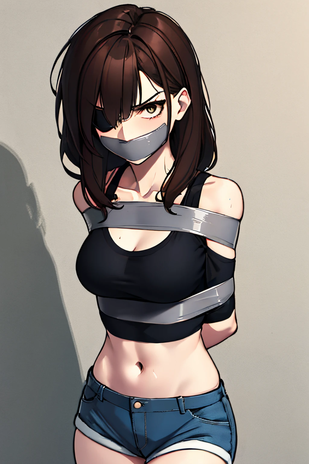 (absurdres, 8k, 4k, masterpiece, hyper extreme detailed:1.2), solo, 1girl, front view, portrait, best quality, expressive eyes, perfect face, 1girl, portrait, solo, standing, Female, toned body, mature female, small breasts, pale, hair covering one eye, dark brown hair, long hair, eyepatch, sarcastic, snarky, soldier, hazel eyes, delinquent, sarcastic, crazy eyes, messy hair, swept bangs, midriff, hand on head, hand on shoulder, exposed collarbone, exposed left shoulder, bound, bondage, (arms behind back:1.4), bdsm, tape gag, tape, tape bondage, restrained, tape wrapped, wrap gag, bondage, taped wrists, taped breasts, taped mouth, taped elbows, taped forearms, standing up, annoyed, half body, graphic t-shirt, shorts, jacket,