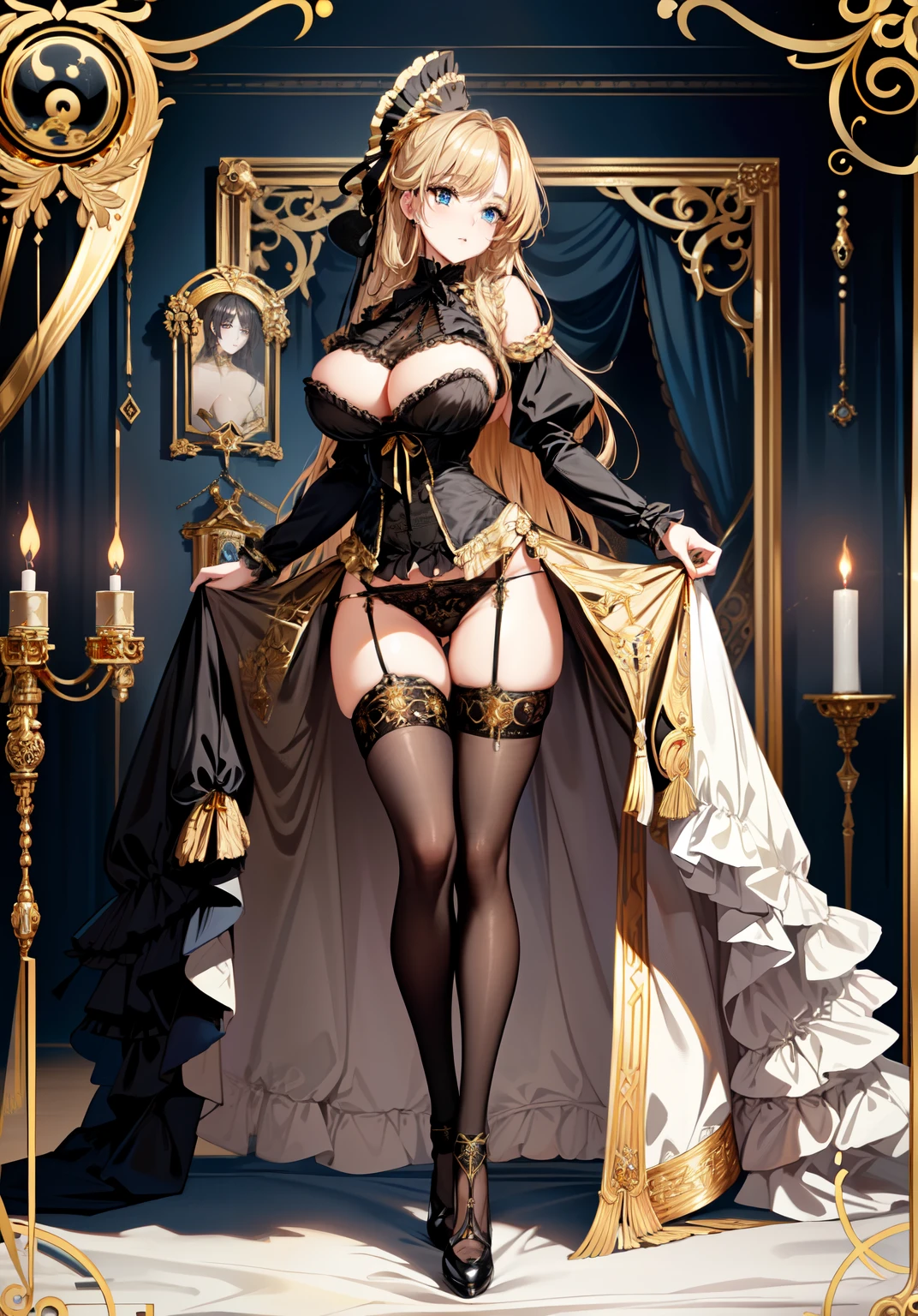 (Masterpiece, High Quality, High-Detailed, Detailed CG, Cinematic Lighting, Beautiful Detailed Eyes, Ultra Resolution, Full Body Shot), (Erotic Suggestiveness:1.0), (Victorian Aesthetic Outfit:1.5), (Erotic Victorian Aesthetic Outfit:1.0), (Gold and Black Color Victorian Aesthetic Outfit:1.5), (Exposed Breast Dress:1.0), NSFW, Anime Female, Five Finger, Huge-Breast, Thigh, Anime Girl Lifting it Skirt, Black-Pantyhose, Blue-Eye, Long Hair, Golden-Hair, Exposed Black-Panties, Victorian Background