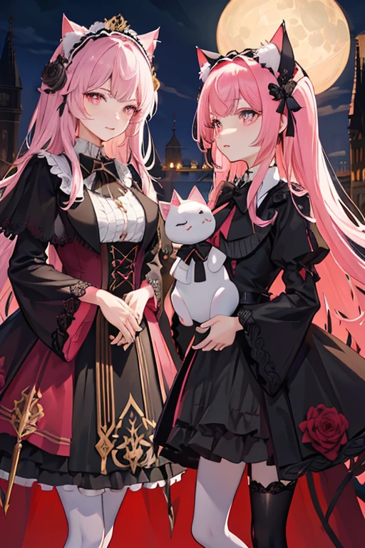 ((tmasterpiece:1.4,Best quality))++,(hyper-detailing)+,(Best quality,hyper-detailing,vibrant with colors,rich colourful,dynamic angle,hight contrast:1.2),A ,Height about 141cm,short,Dark loliributes,Has cat ears and a cat tail,dark pink rose(symbol),Long pale pink hair,Dark pink highlights,Tie the ends of hair,European clothing,Ethereal eyes,European dress(Nero,blanche,Dark pink and gold lace, etc.)((Dark pink rose flower decoration)),Princess dress,short- sleeved,Black bow and gold lace headdress((Dark pink rose flower decoration)),Black lace bracelet,Holding a cat doll in hand(micro horror element theory,face expression,leslack lence black pantyhose,Booties。European,circuagister,playingcards,There are some patterns under the eyes,Draw the whole body。delicated face,exquisite facial featurerom below:0.5), Fashionab, with dynamism, garments, posing on a, frontage, rich colourful, dyna, Background with, element in, self-assured, Expressing the, statement, fittings, A majestic, coil, Runt, Scenes, Cover of a, boldness, attention-grabbing, Fashionab, typeface, Catchy, attention-grabbinodern day, Fashionab, focal, Fashionab,the night,themoon,stage,performance,A huge scene,lamplight