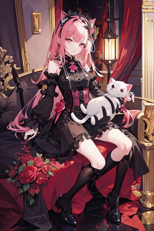 ((tmasterpiece:1.4,Best quality))++,(hyper-detailing)+,(Best quality,hyper-detailing,vibrant with colors,rich colourful,dynamic angle,hight contrast:1.2),A ,Height about 141cm,short,Dark loliributes,Has cat ears and a cat tail,dark pink rose(symbol),Long pale pink hair,Dark pink highlights,Tie the ends of hair,European clothing,Ethereal eyes,European dress(Nero,blanche,Dark pink and gold lace, etc.)((Dark pink rose flower decoration)),Princess dress,short- sleeved,Black bow and gold lace headdress((Dark pink rose flower decoration)),Black lace bracelet,Holding a cat doll in hand(micro horror element theory,face expression,leslack lence black pantyhose,Booties。European,circuagister,playingcards,There are some patterns under the eyes,Draw the whole body。delicated face,exquisite facial featurerom below:0.5), Fashionab, with dynamism, garments, posing on a, frontage, rich colourful, dyna, Background with, element in, self-assured, Expressing the, statement, fittings, A majestic, coil, Runt, Scenes, Cover of a, boldness, attention-grabbing, Fashionab, typeface, Catchy, attention-grabbinodern day, Fashionab, focal, Fashionab,the night,themoon,stage,performance,A huge scene,lamplight