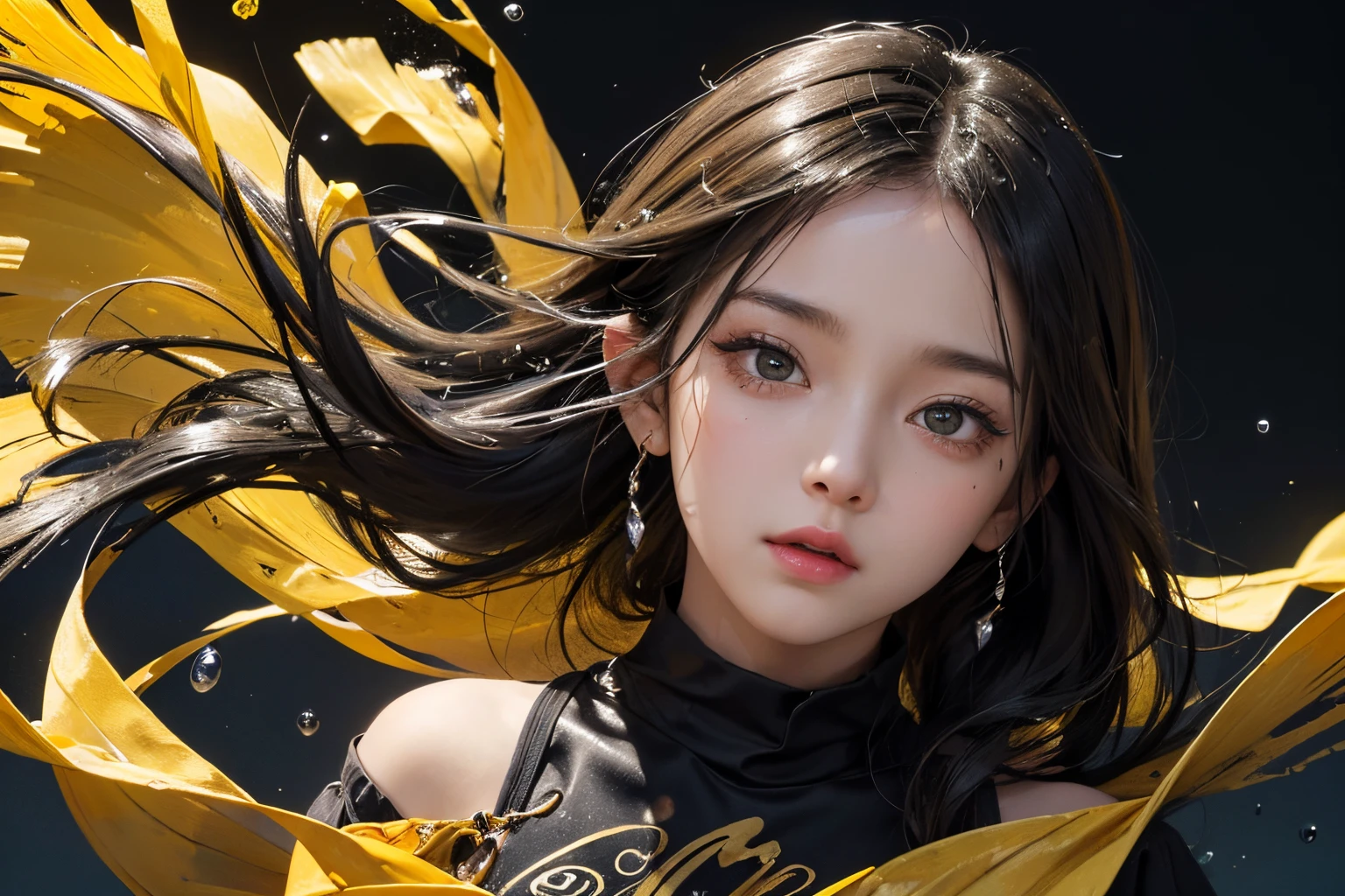 water paint art, ink drop, many color ink drop, yellow ink drop, black ink drop, high detailed line art, dancing kids, full body, cute, high detailed real face, beautiful face, high detailed eyes, high quality pupils, black t shirt, amazingly fine detail, highest quality, big file size, high detailed, masterpiece, 8k quality,