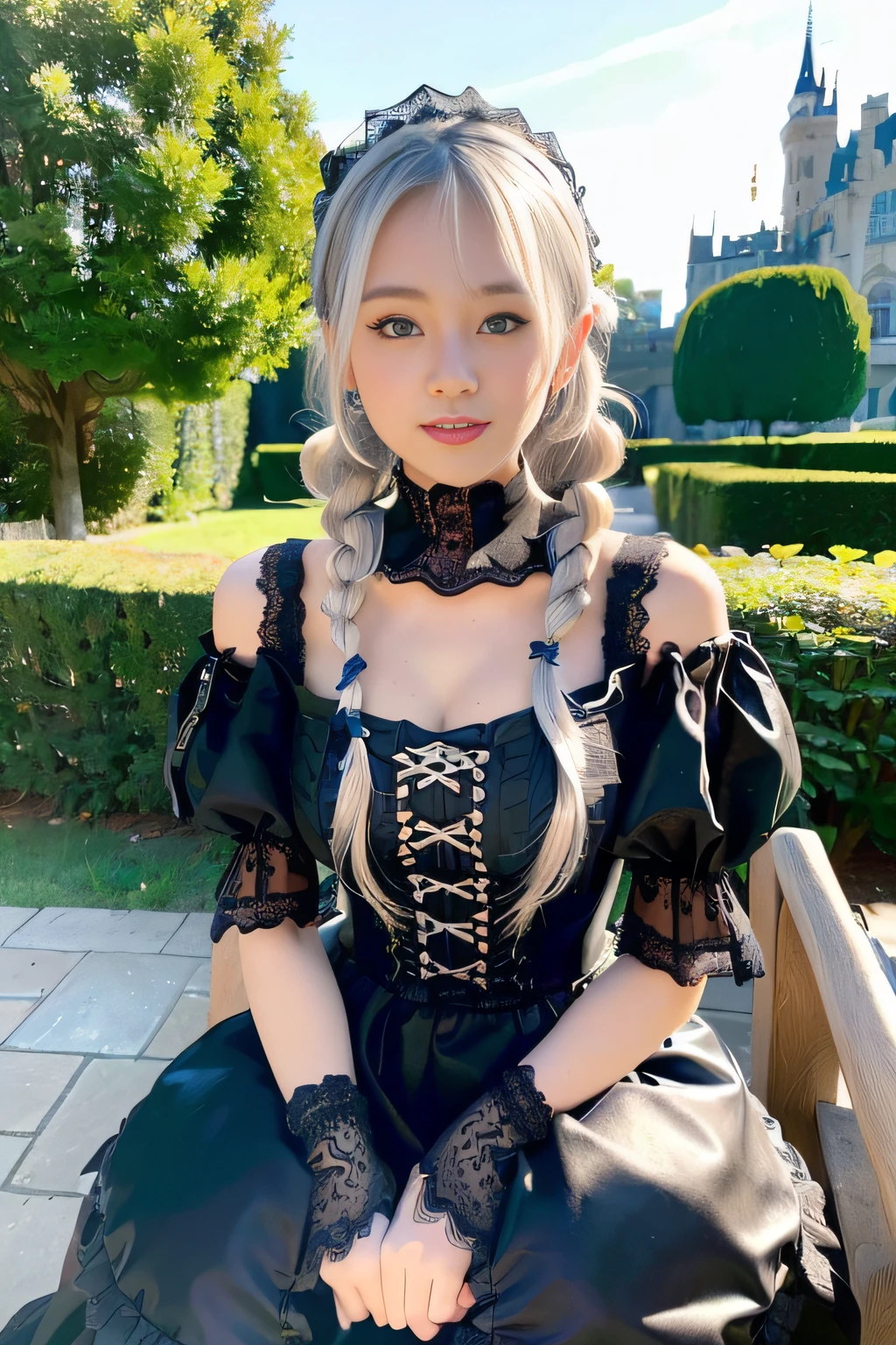 (((Gothic Lolita Fashion:1.3)),(((lace off shoulder dress))),(((Costume with intricate lace details))),(Emphasis on large breasts:1.3),(europe castle background:1.3),Cinderella's Castle,(Flower bed with colorful flowers in the garden),(crouching down:1.3),(Make the subject look three-dimensional with the contrast of light and shadow),Cute and beautiful girl,Cute round face,Cute smile,with blush cheeks,Red Lip,(silver white hair,Floral braided headband,half up、Floral Braided Space Van,Voluminous Fishtail Braids,Twisted chignon,),(Bangs are see-through bangs),hair pin,hair adornments,detailed clothes features,Detailed hair features,detailed facial features,(Dynamic angles),(Dynamic and sexy poses),profetional lighting,Cinematic Light,(masutepiece,top-quality,Ultra-high resolution output image, depth of fields,) ,(32k quality,depth of fields,Anatomically accurate facial structure,),(Sea Art 2 Mode:1.3),(Image Mode Ultra HD,)