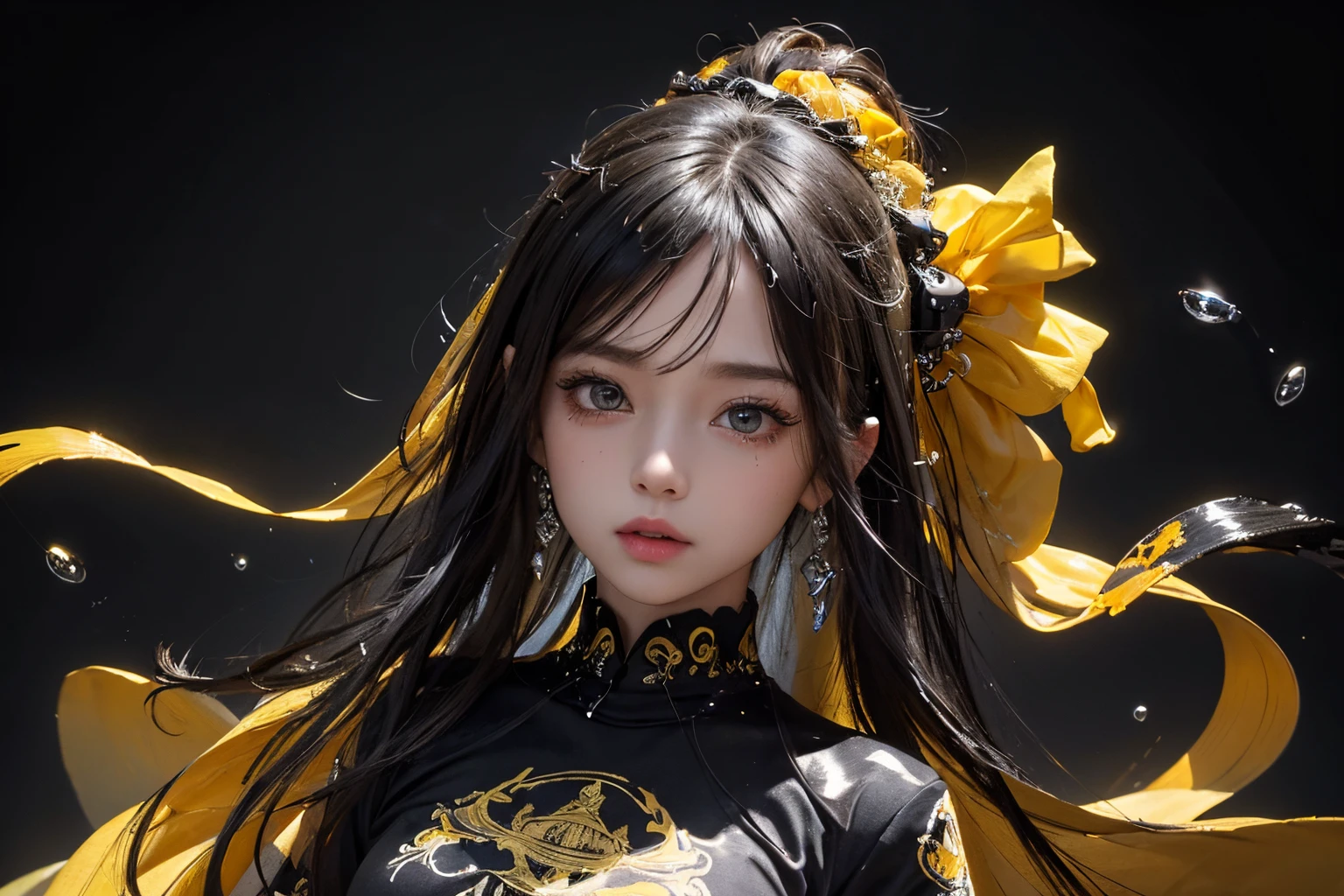 water paint art, ink drop, many color ink drop, yellow ink drop, black ink drop, high detailed line art, dancing kids, full body, cute, high detailed real face, beautiful face, high detailed eyes, high quality pupils, black t shirt, amazingly fine detail, highest quality, big file size, high detailed, masterpiece, 8k quality,