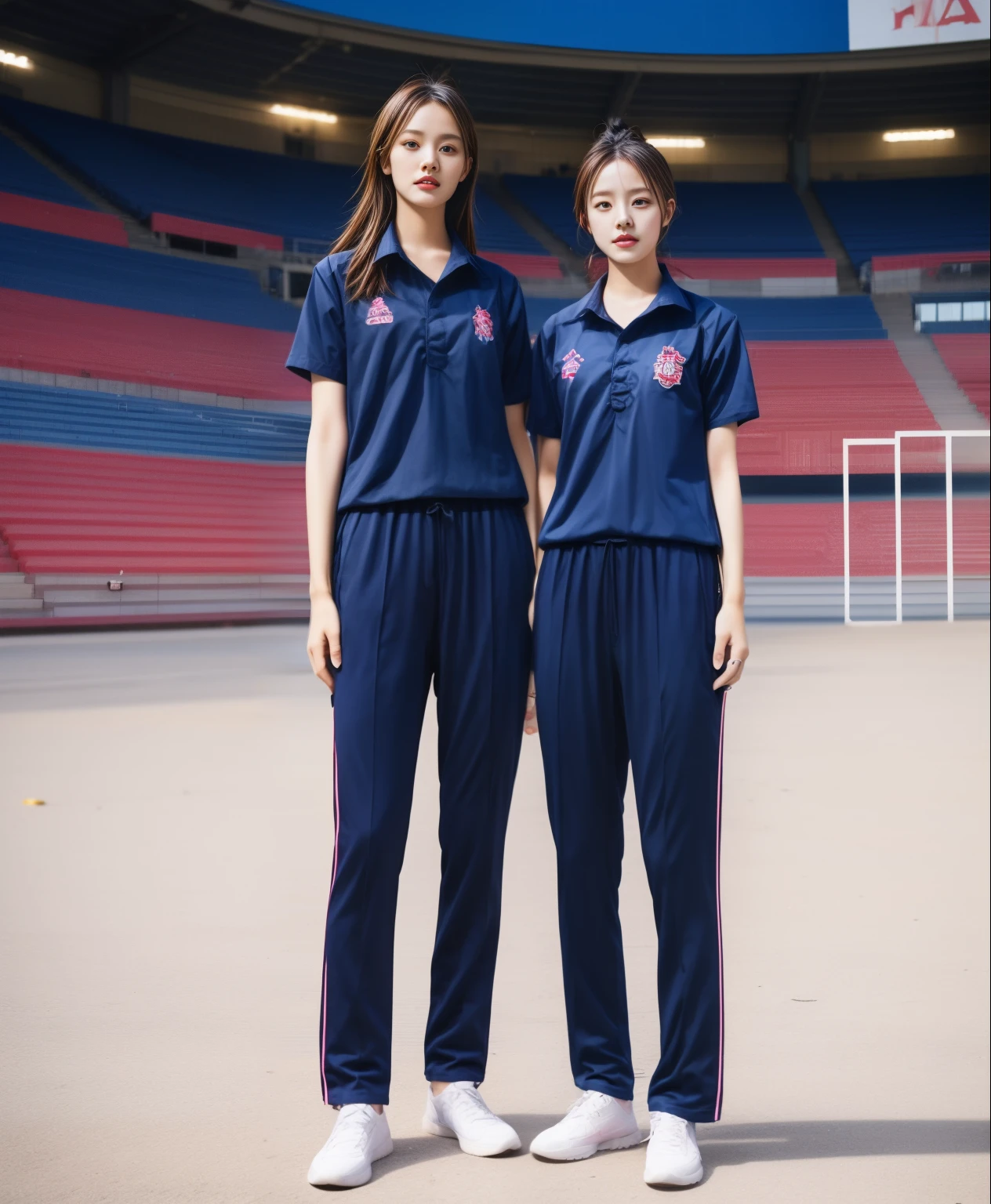 (bestquality,10,10,highres,masterpiece:1.2),ultra-detail,(Realistic,photorealistic portrait,photo-realistic:1.37),1 Cute girl in the football field,oily shiny skin,bara,light smile,BDclothelue shirt:1.3)),short sleeves,shirt, trousers.,(navy_long_Pants Track:1.1), ((Stadium Background:1.3)),dynamic angle,excited,face focus,Dynamic Poses,from behide,Ass Focus,masterpiece, bestquality, ultra realistic, hyper-detail, 8k resolution, RAW photo, crisp focus, ((Navy blue shirt:1.1)), short sleeves, Long Path, Perfect body, 2 mature women, 18yo, cinematic light,Blue sweatpants,Gymware,Correct anatomy,Complete body, Correct body, sharp face, Anatomically correct body, full entire body, Realistic gestures, long-haired, Realistic poses,Wear long shorts...............................,Long leg span,Shapely,Sculpting Girl, Slender Figure, mannequin mannequins, Shapely, Beautiful body,Blue sweatpants, Two girls kissing