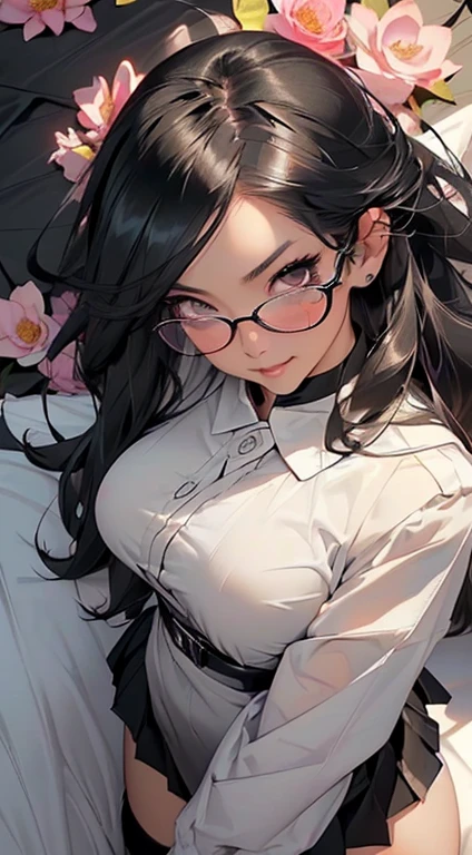(Black Long Hair)、 (A detailed eye、二重まぶた、eye glasses、A slight smil、Open mouth and happy smile)、 (School Uniforms:1.3)、(tight mini pleated skirt:1.3)、(Skirt lift:1.3)、(Show white sexy panties:1.2)、(Black garter belt:1.3)、(Black thigh socks:1.3)、 ((Medium chest)) 、((Cameltoe:1.3)、Model body type、(Slim waist)、(zettai ryouiki:1.3))、Lots of flowers background (5Fingered hand、Highly detailed facial and skin texture)、 (Super close-up from above:1.2)、Focus on the crotch、(Lying in bed:1.2))、((top-quality、8K,masterpiece:1.3))、(Beautiful woman with perfect figure:1.4)、(colorful lots of flowers background:1.3)