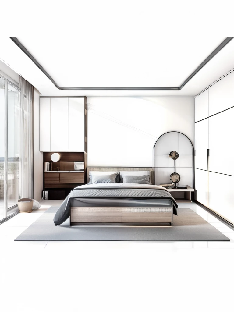 Bedroom)) 1 ceiling cabinet, 1 shelf, 1 table, 1 bedside table, 1 ceiling wardrobe, 1 glass door, 1 curtain, 1 drawer, flat ceiling, ceiling light, super sharp photo , super realistic, realistic light reflection,