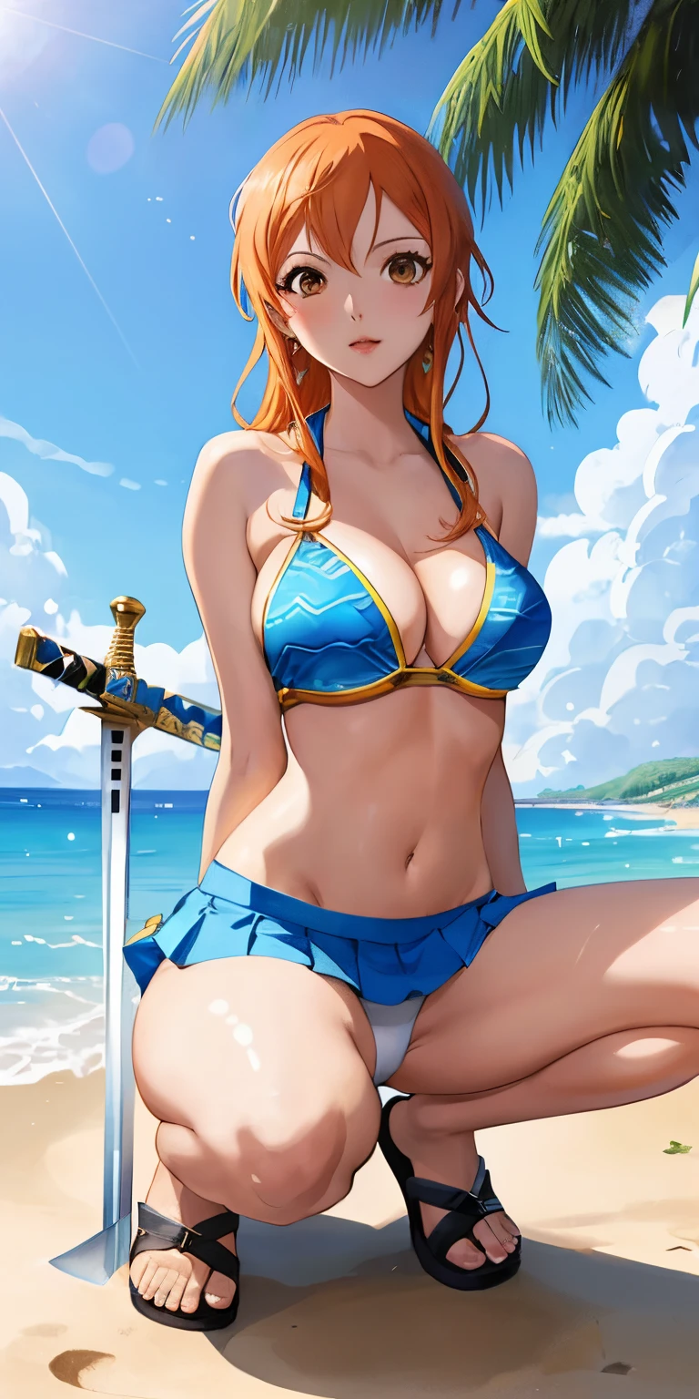 An arafe woman wearing a bikini top and super miniskirt and holding a sword, Squatting with M-shaped legs apart、White shorts visible under the miniskirt、nami one piece, beautiful portrait of nami,White panties visible from the miniskirt、Squatting with M-shaped legs apart、 Nami of one piece,Nami in super miniskirt, Detailed Digital Anime Art, Cute exirobat showing white pants, Very detailed ArtGerm haha, deviantart artstation cgscosiety, realistic bikini, Swimsuit, fanart best artstation, ArtGerm. high detailing