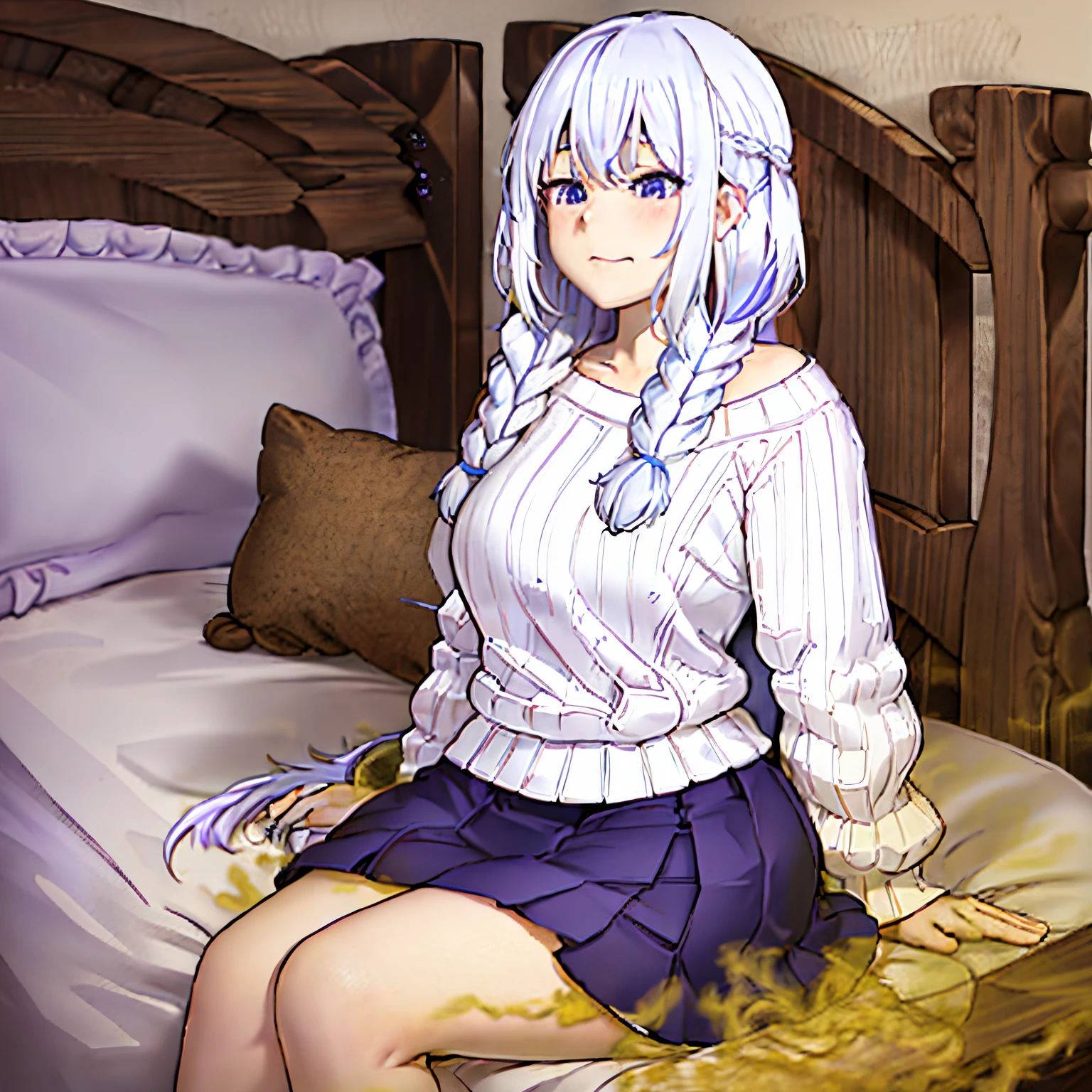 masterpiece, best quality, 1girl, solo, closed mouth, white colored hair, white braided long flowy hair, sleepy face, casual, slightly blush, curvy, petite body, bedroom, sitting, farting, yellow gas:1.2), purple eyes, off-shoulder, white sweater, short purple pleated skirt, skirt-blowing upward