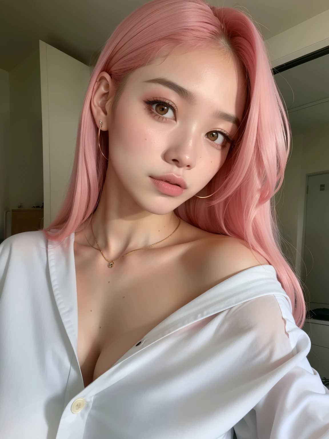 um close de uma mulher com cabelo rosa vestindo uma camisa branca, com cabelo rosa, pele rosa lisa, coreana, meninae-rosa, Mulher sul-coreana bonita, linda mulher coreana jovem, flowing pink hair, cabelo rosa claro, cabelo rosa, Retrato de Jossi de Blackpink, rosto rosa brilhante, Parque Roseanne do Blackpink, cara rosa, menina bonitcabelo rosa curto