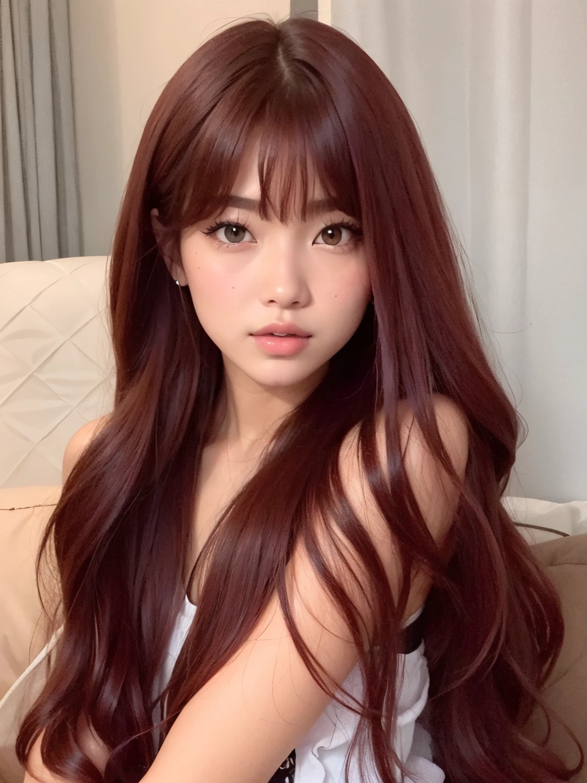 um close up de uma mulher com longos cabelos ruivos posando para uma foto, Ulzzang, Lalisa Manobal, cabelos longos vermelhos castanhos, cabelo comprido com franja completa, cabelos longos com franja, cor vermelha escura, Lalisa Manoban do Blackpink, cabelo longo castanho com franja, peruca vermelha, avermelhado - marrom, cabelos longos vermelhos, cabelo carmesim vermelho