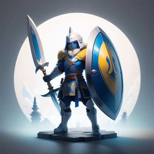 Pixel artwork,Depicting a brave warrior。This warrior presents a cute Q version of the image,A sword held tightly in his left hand,Hold a sturdy shield in your right hand。The picture based on a 2D plane,The warriors are dressed in bright white、Yellow and blue European school uniform。