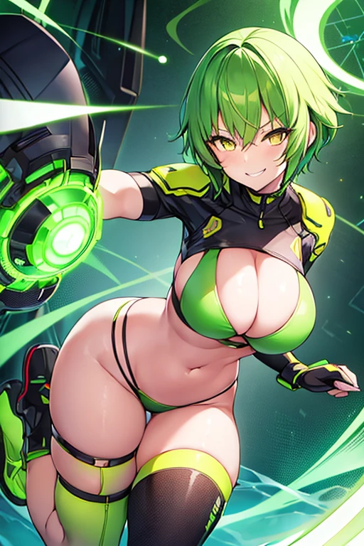 1girl, large breasts, wide hips, green hair, very short hair, short hair, yellow eyes, bikini, black bikini, neon trim, smile, smirk, smug, futuristic, science-fiction, tech, shoes, sneakers, black clothes, race queen