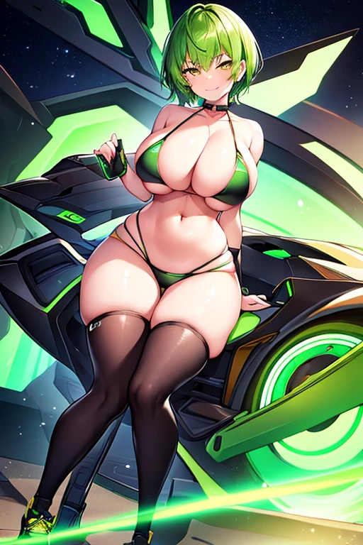 1girl, large breasts, wide hips, green hair, very short hair, short hair, yellow eyes, bikini, black bikini, neon trim, smile, smirk, smug, futuristic, science-fiction, tech, shoes, sneakers, black clothes, race queen