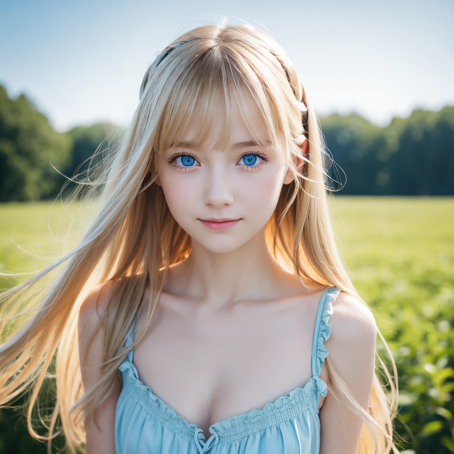 Face Focus, Adorable, Beautiful blonde girl of 、 Ruffled Summer Dresses, Nordic girls, Super long straight hair、cleavage, Standing, Arms behind your head, Bangs that are messy between the eyes、Low contrast, (Smile:0.8), hair scrunchie, Best Quality, 超A high resolution, photographrealistic, ultra-detailliert, 8K, Raw photo, Perfect Anatomy、Small face beauty、Very large and bright pale sky blue eyes、