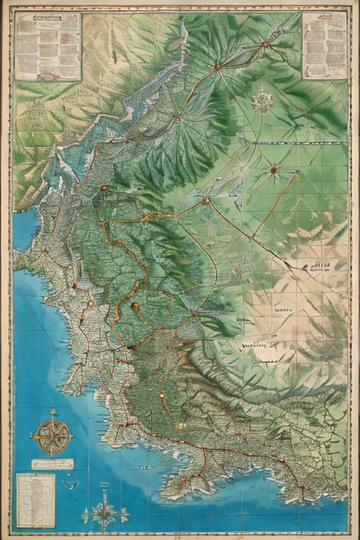 Detailed map of the forest and mountain regions, castles and buildings of Centáurea, land of the centaurs