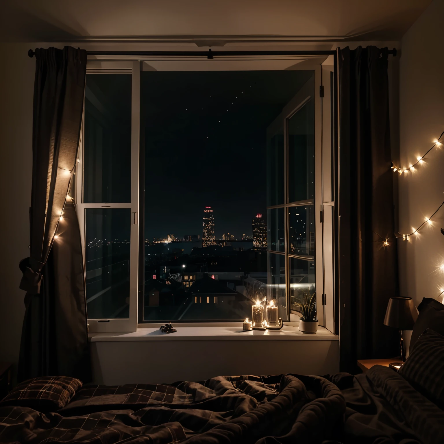 ноч,dark cozy bedroom overlooking the window, decorated for the new year.