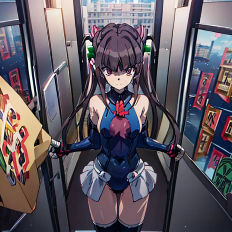 masutepiece, excellent, (Office: 1.8), Ultra-high-definition CG rendering, Standing, 1 Royal Sister, angry, Woman with dark hair,Twin-tailed ，Blue leotard，highleg, Hands folded at the waist, Facing the audience, Illustration, Wide-angle panorama