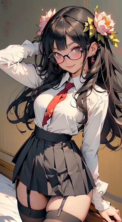 (Black Long Hair)、 (A detailed eye、二重まぶた、eye glasses、A slight smil、Open mouth and happy smile)、 (School Uniforms:1.3)、(black tight mini pleated skirt:1.3)、(Skirt lift:1.3)、(Show white sexy panties:1.2)、(Black garter belt:1.3)、(Black thigh socks:1.3)、 ((Medium chest)) 、((Cameltoe:1.3)、Model body type、(Slim waist)、(zettai ryouiki:1.3))、Lots of flowers background (5Fingered hand、Highly detailed facial and skin texture)、 (Super close-up from above:1.2)、Focus on the crotch、(Lying in bed:1.2))、((top-quality、8K,masterpiece:1.3))、(Beautiful woman with perfect figure:1.4)、(colorful lots of flowers background:1.3)