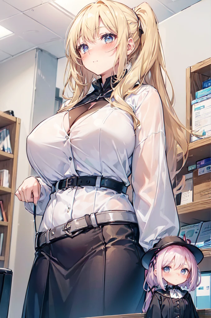 (2girls:1.5), (height_difference:1.5), (size_difference:1.1), (giantess:1.1), a giantess looking down at tiny woman, work office, cleavage, (adult woman: 1.4), simple, simple lines, low contrast, cute